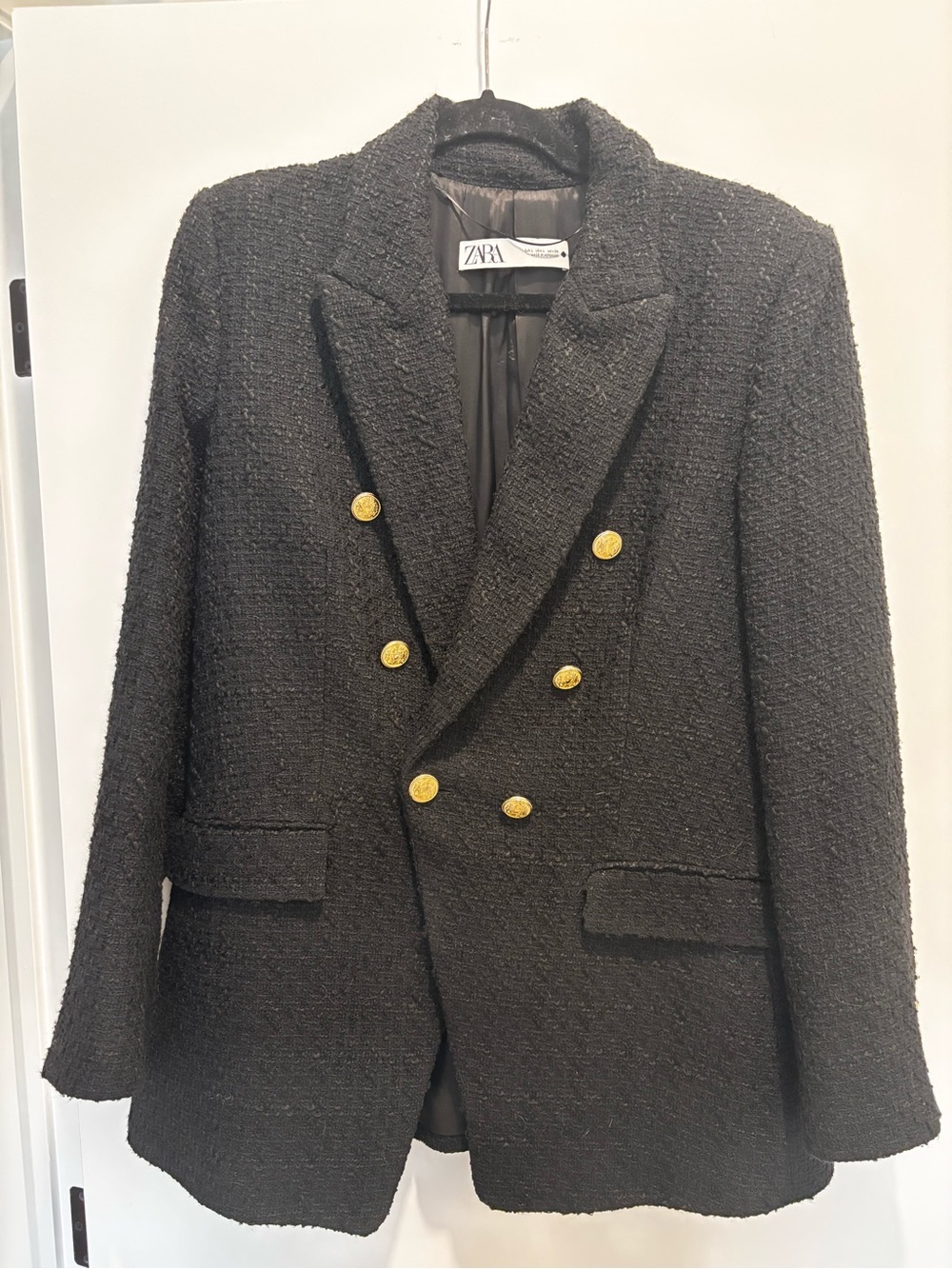 Zara Black Tweed Double-Breasted Blazer with Gold Buttons